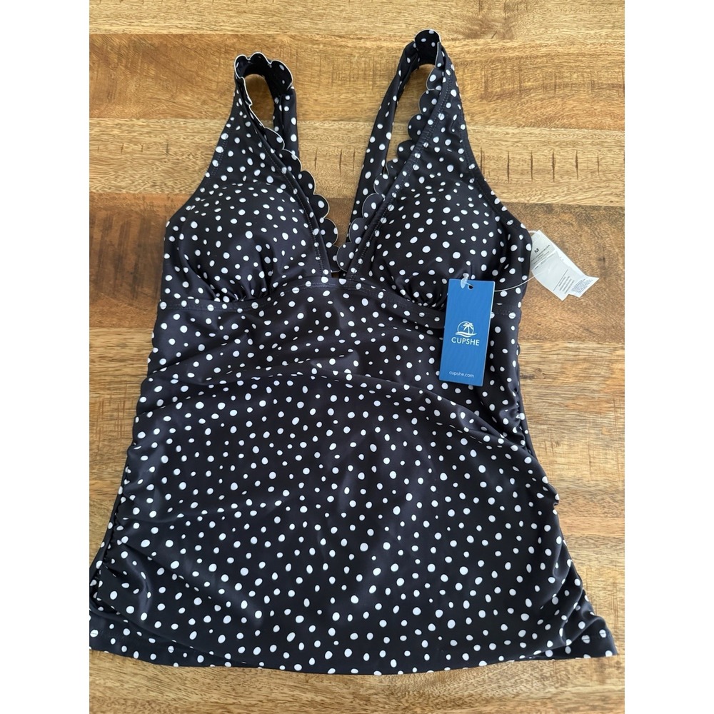 Cupshe Polka Dot Tankini Top Womens M Black White Scallop Trim Swimβ Top NWT